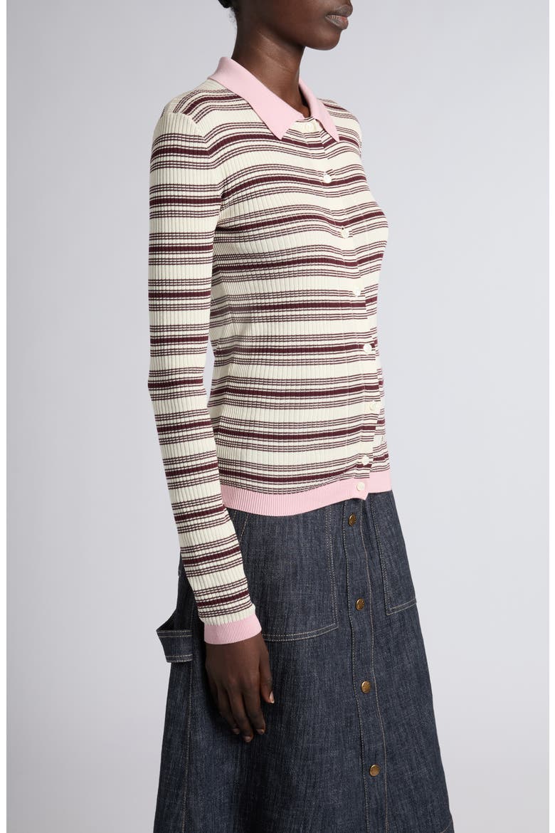 Stripe Fitted Rib Cotton Cardigan, Alternate, color, WHITE/ BEIGE