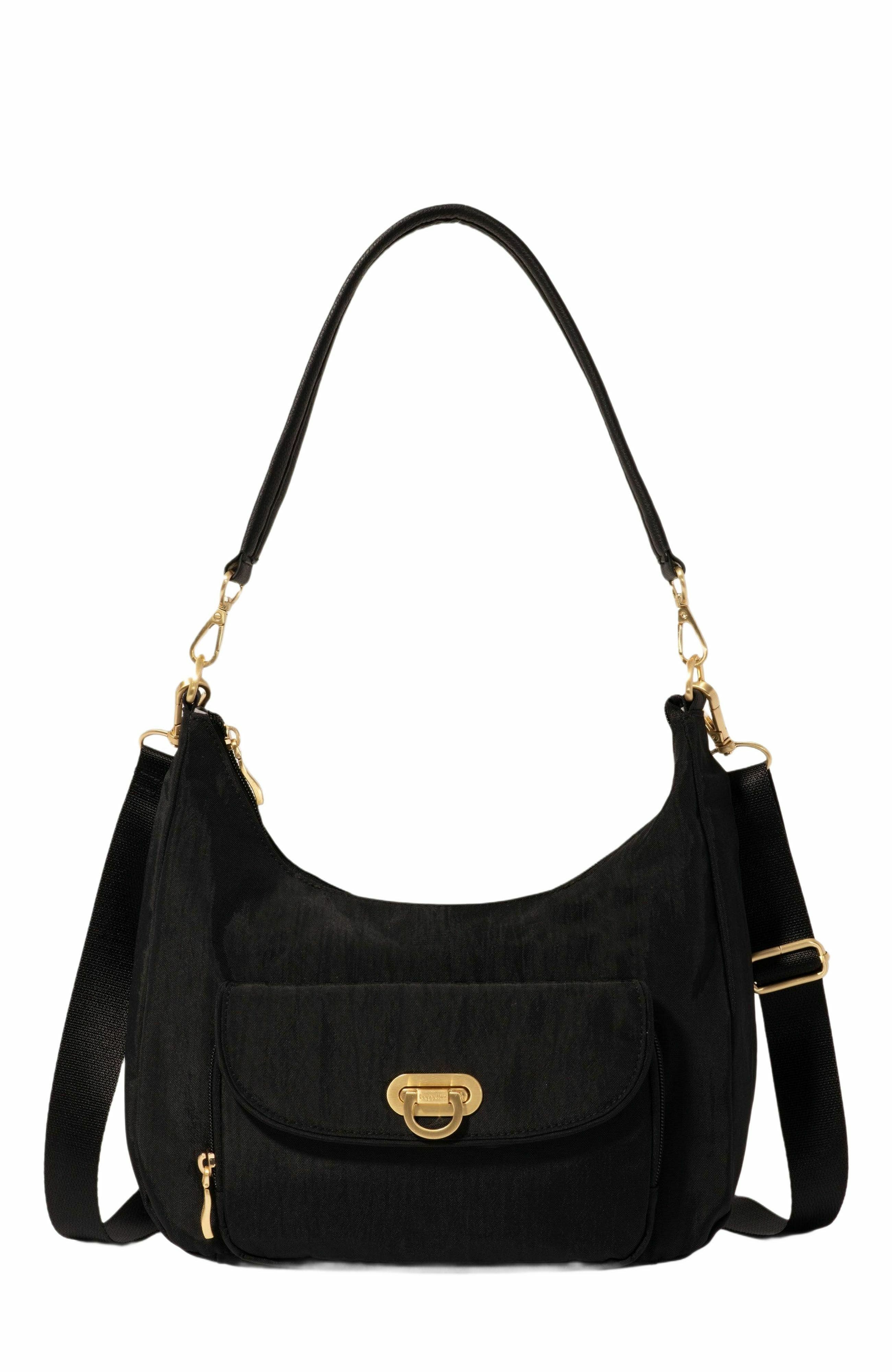 BAGGALLINI Coastal Flip Lock Half Moon Bag, Main, color, Black With Gold Hardware