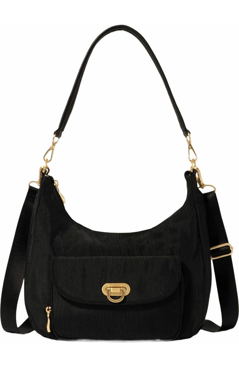 BAGGALLINI Coastal Flip Lock Half Moon Bag, Main, color, Black With Gold Hardware