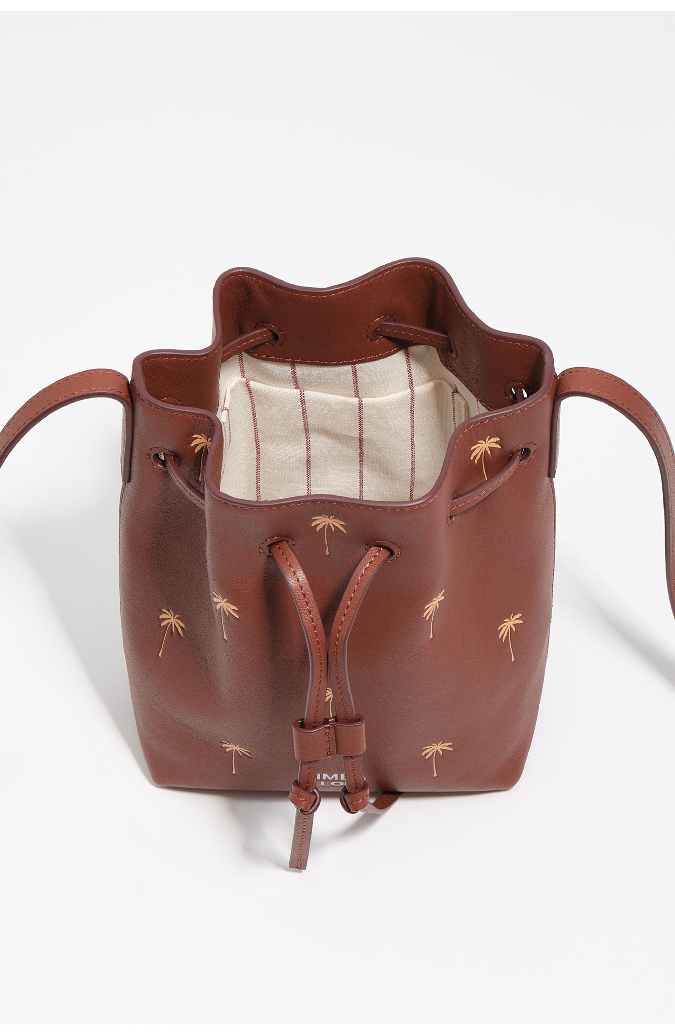 Bimba y Lola Small Palms print leather Carlino bucket bag, Alternate, color, Nut