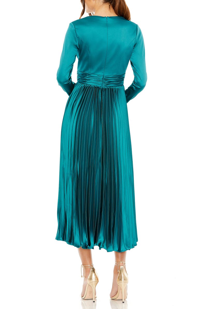 Mac Duggal Pleated Satin Charmeuse Dress with Long Sleeves, Alternate, color, Teal
