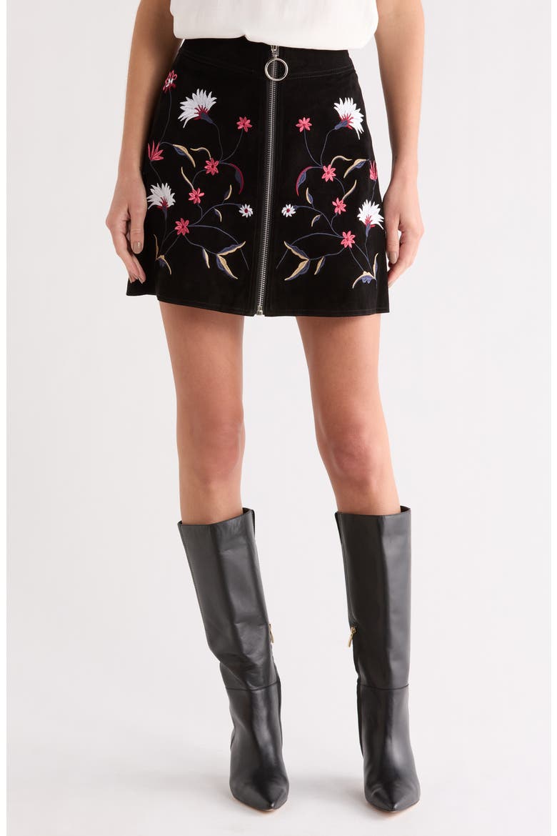 Floral Embroidered Suede Miniskirt, Main, color, BLACK