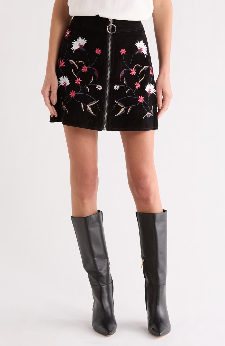 matty m. Floral Embroidered Suede Miniskirt, Main, color, Black