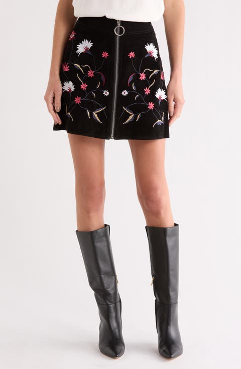Floral Embroidered Suede Miniskirt