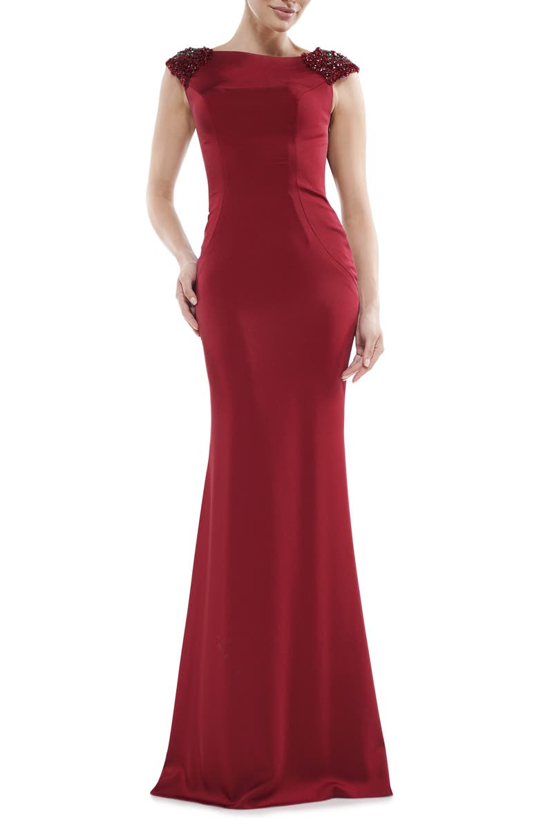 MARSONI Beaded Shoulder Satin Trumpet Gown, Main, color, 