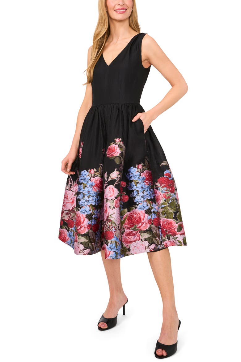 Floral Sleeveless Brocade Fit & Flare Midi Dress, Alternate, color, RICH BLACK
