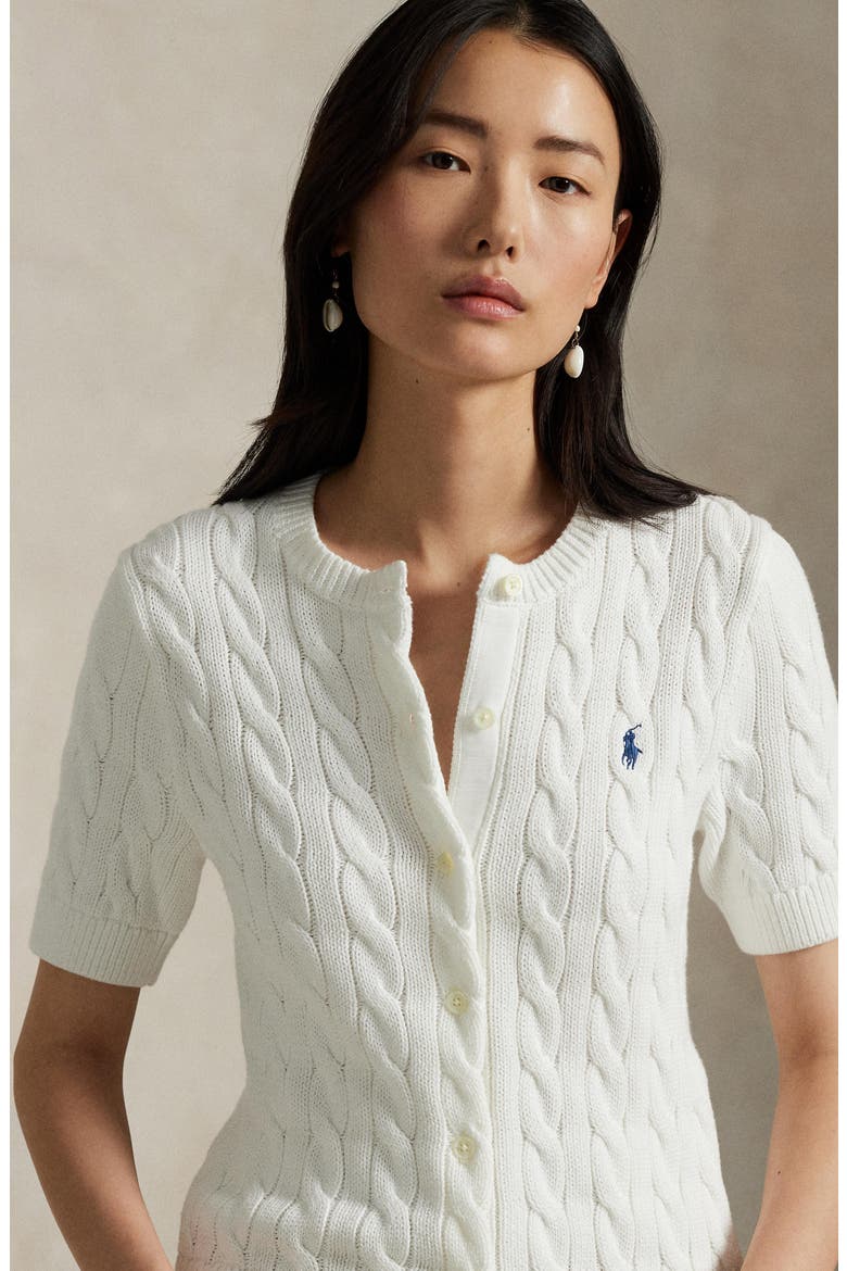 Cable Knit Short Sleeve Cotton Cardigan, Alternate, color, WHITE