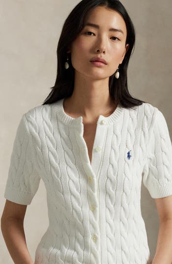 Cable Knit Short Sleeve Cotton Cardigan