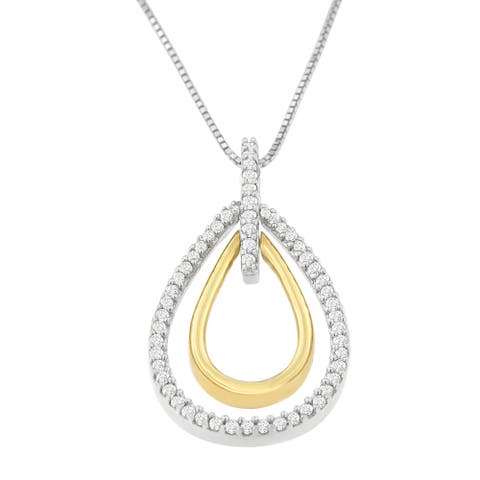 14K Two-Tone Gold Round Cut Diamond Double Burst Pendant Necklace
