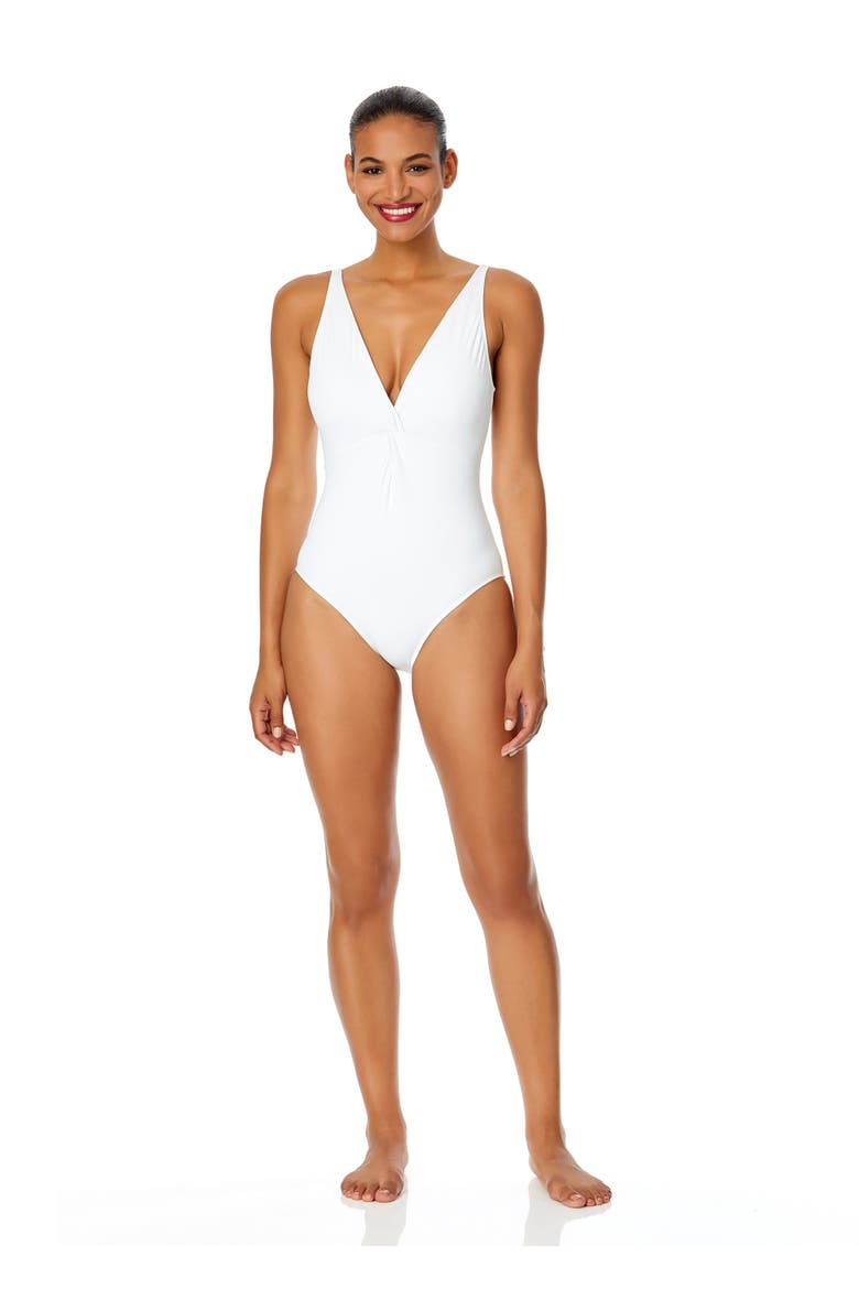 Women's Live In Color Plunge Twist One Piece Swimsuit, Alternate, color, White