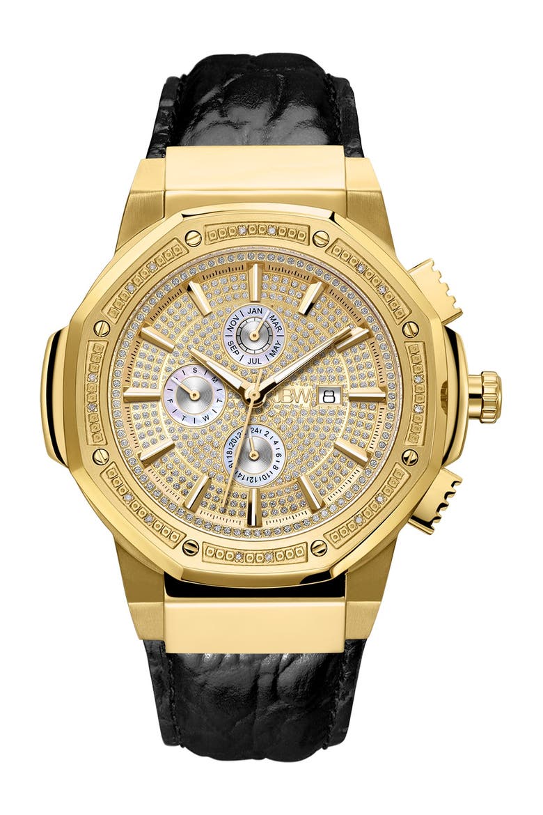 Men's Saxon Diamond Croc Embossed Leather Strap Watch, 48mm - 0.16 ctw, Main, color, GOLD