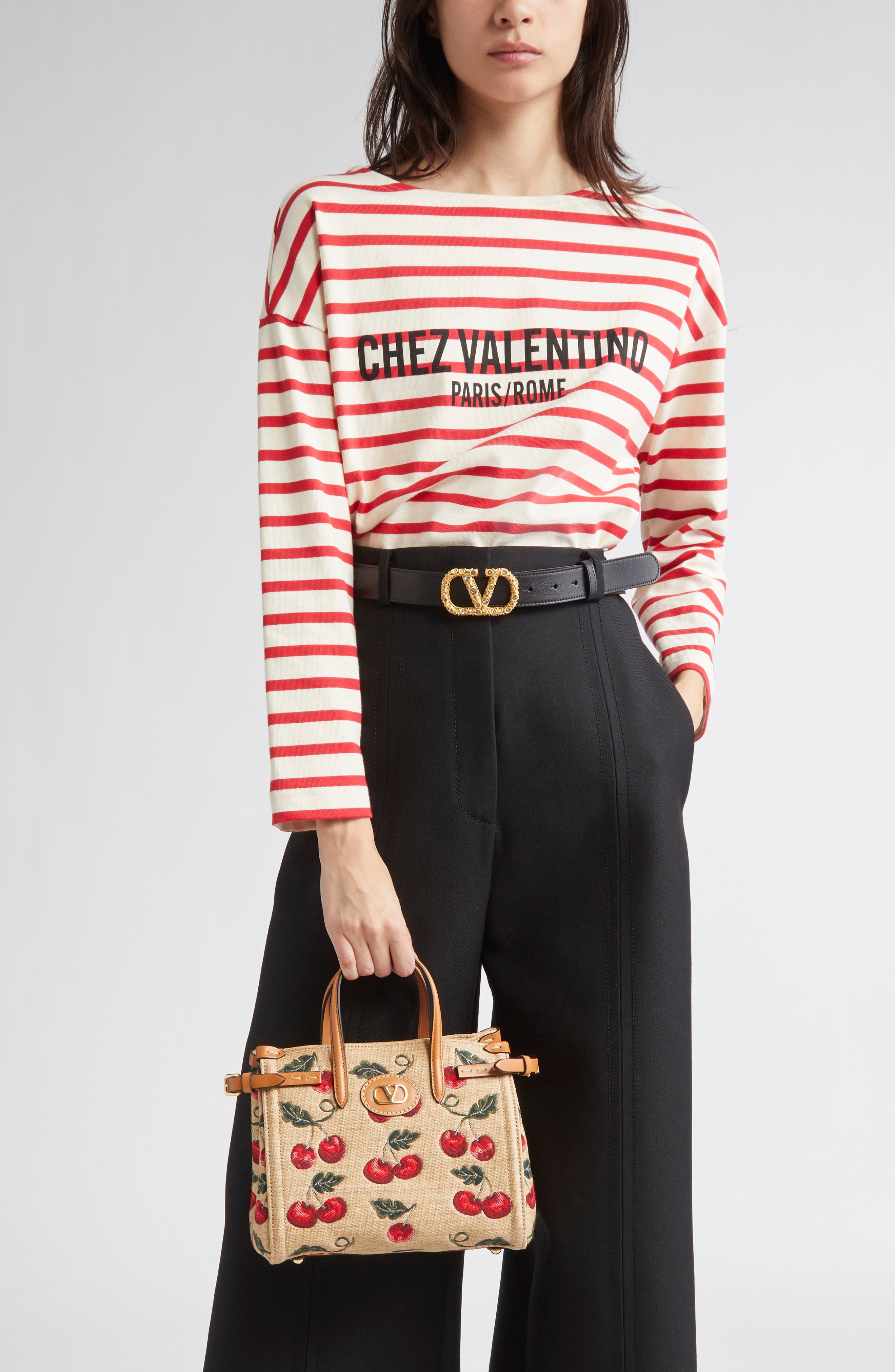 Valentino Garavani Small Antibes Cherries Jacquard Tote, Alternate, color, 