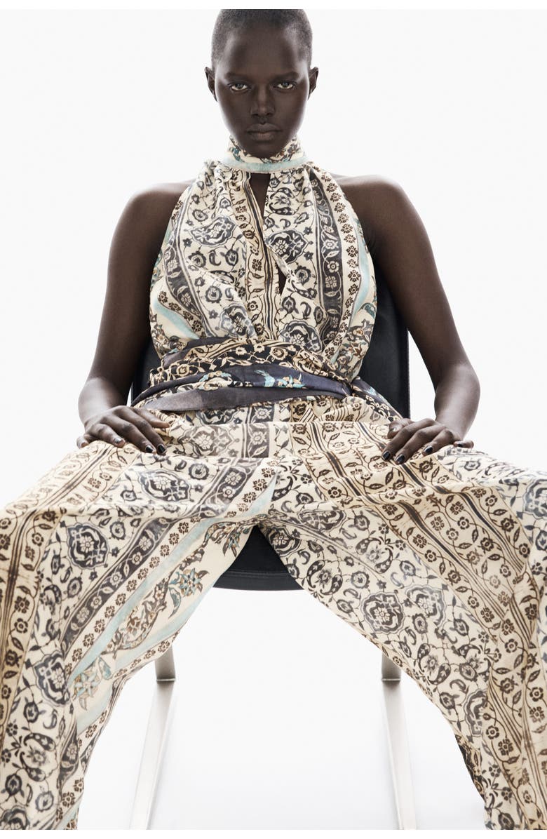 H&M Tie-detail Halterneck Jumpsuit, Alternate, color, Beige/Floral