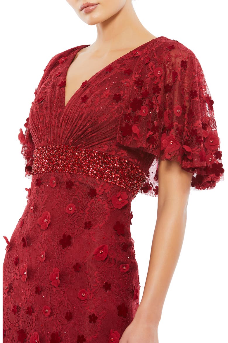 Floral Appliqué Flutter Sleeve Lace Gown, Alternate, color, BURGUNDY