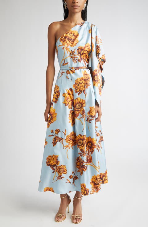 Peony One-Shoulder Silk Twill Midi Dress
