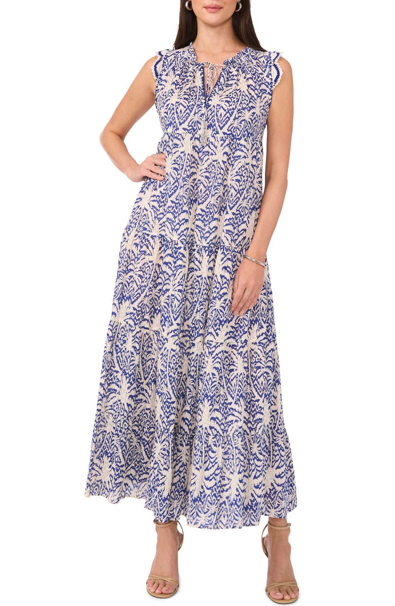 Vince Camuto Tie Neck Tiered Cotton Maxi Dress, Alternate, color, Deep Blue