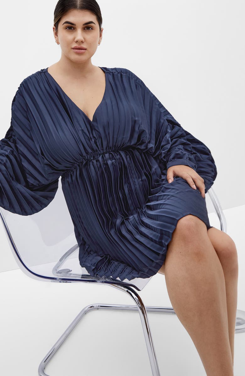 City Chic Chloe Pleated Long Sleeve Satin Minidress, Alternate, color, Navy