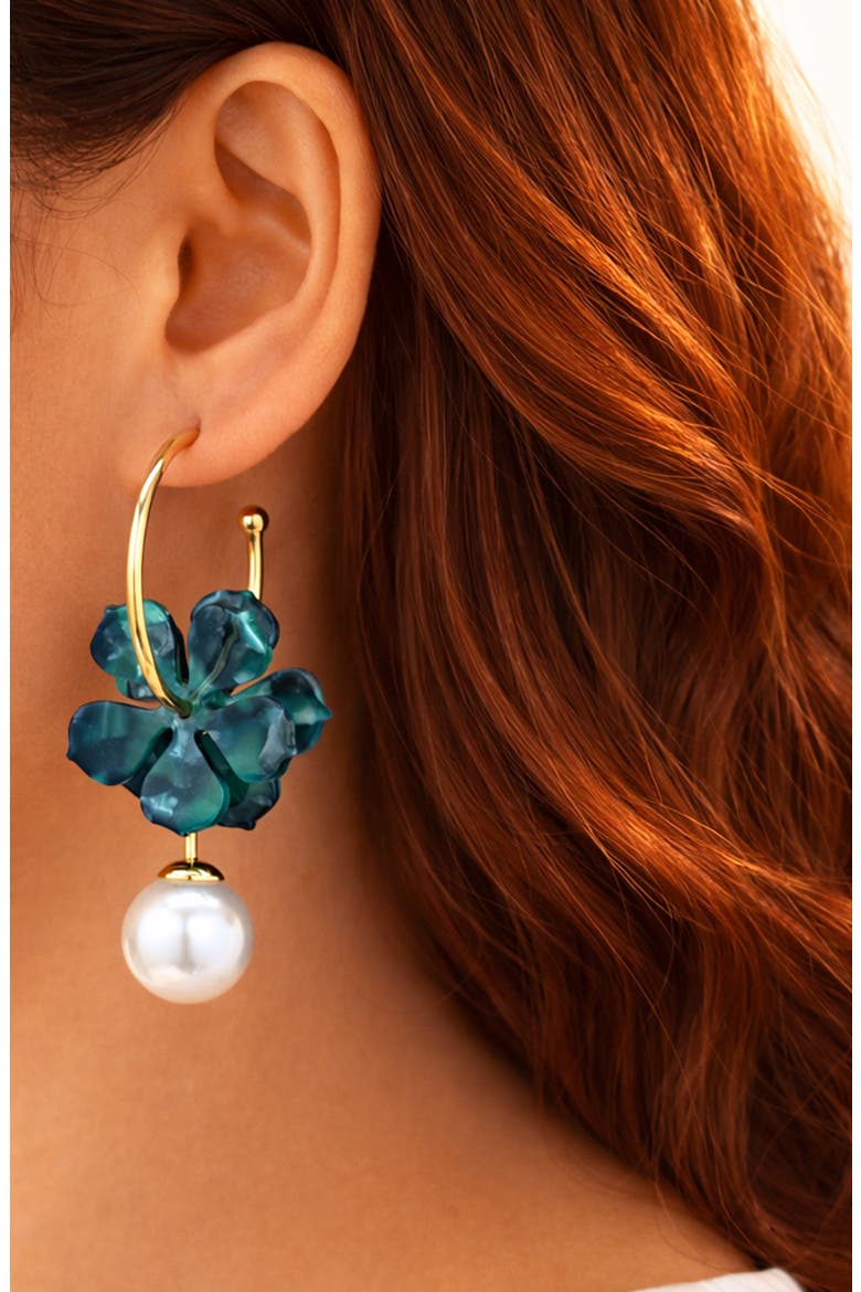 Valentina Faux Pearl Drop Floral Hoop Earrings, Alternate, color, GOLD