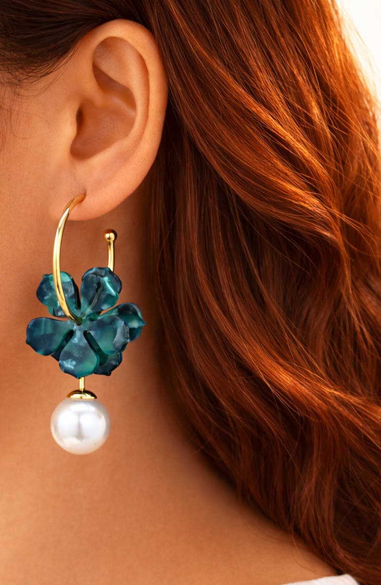 EYE CANDY LOS ANGELES Valentina Faux Pearl Drop Floral Hoop Earrings, Alternate, color, Gold