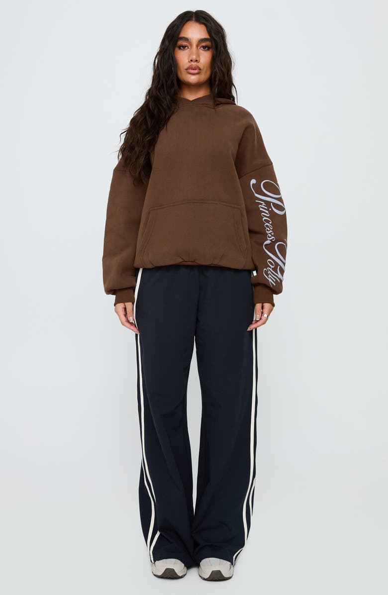 Princess Polly Script Logo Graphic Hoodie, Alternate, color, Brown / Blue