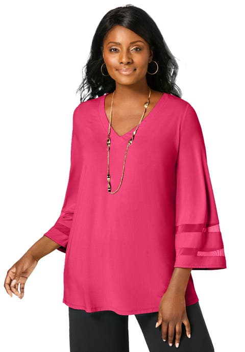 Stretch Knit Mesh Inset Sleeve Tunic (Plus)