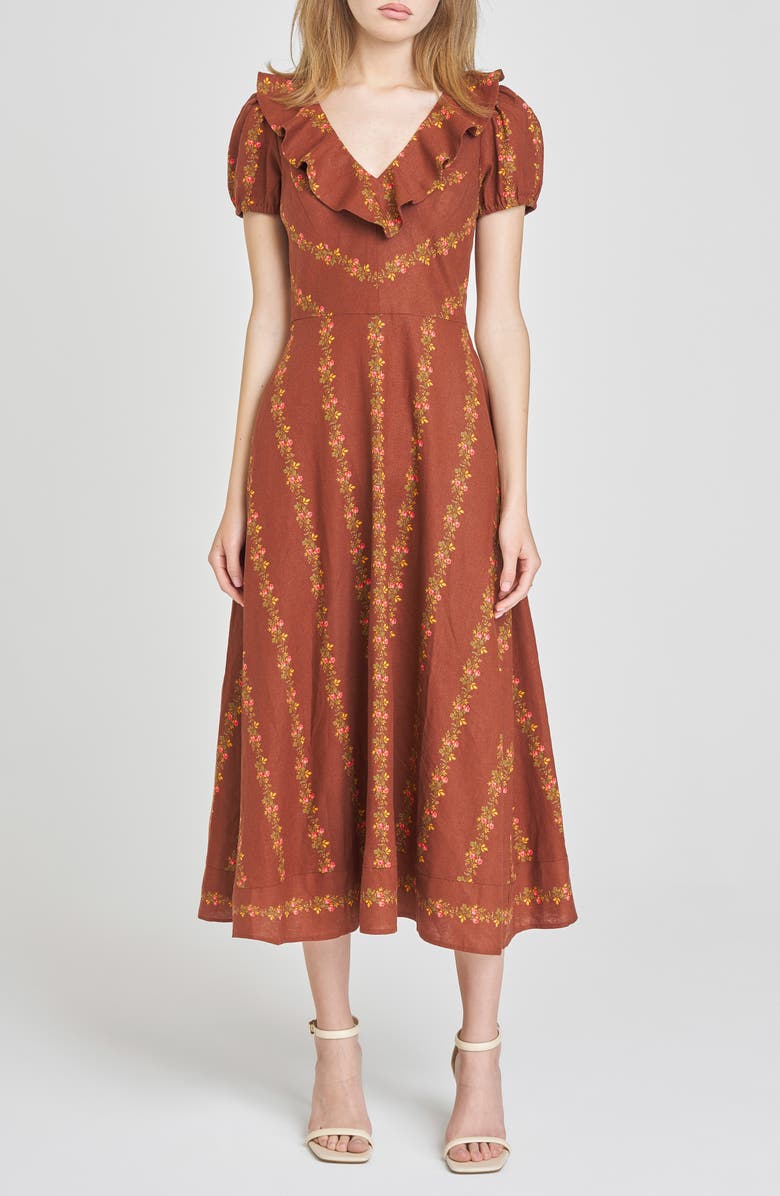 WAYF Fern Floral Linen Blend Midi Dress, Main, color, Sienna Floral Stripe