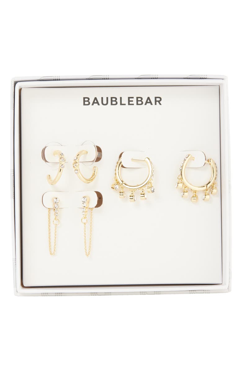 BaubleBar All the Little Things Set of 3 Huggie Hoop & Front/Back Earrings, Main, color, Gold