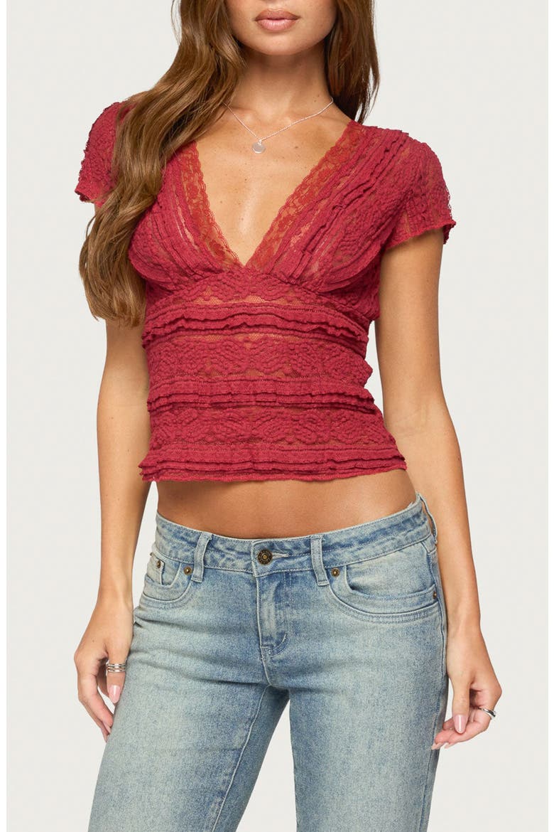 Avalee Sheer Lace V-Neck Top, Main, color, BURGUNDY