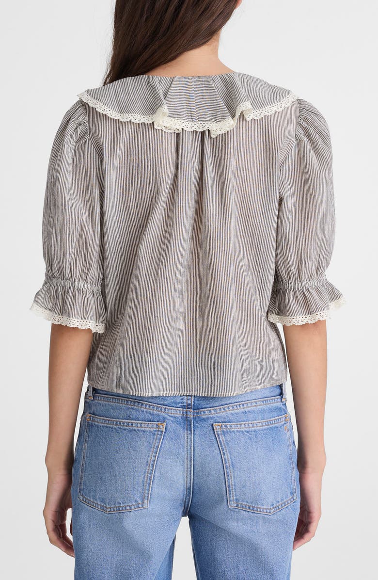 Madewell Ruffled Puff Sleeve Cotton Button-Up Shirt, Alternate, color, Black And Ivory Micro Stripe