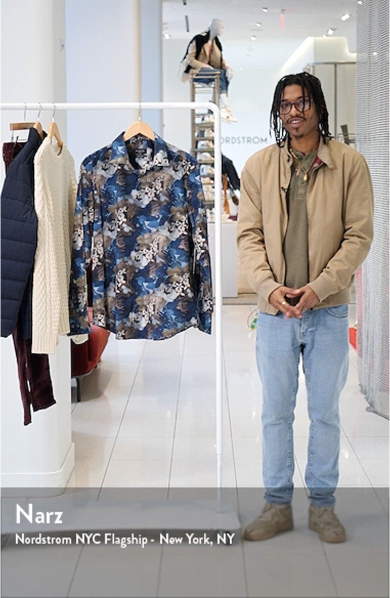 Julian Shaped Fit Watercolor Floral Print Stretch Cotton Button-Up Shirt, sales video thumbnail