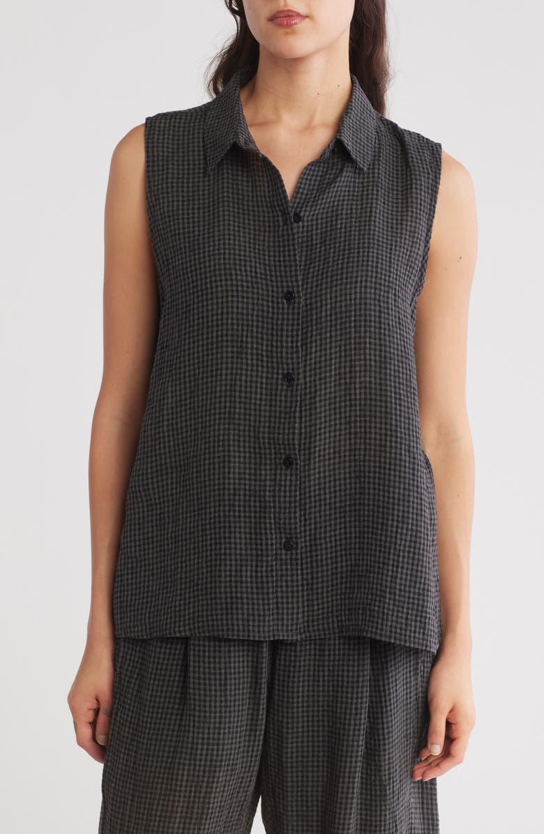 Eileen Fisher Classic Collar Sleeveless Checkered Button-Up Shirt, Main, color,