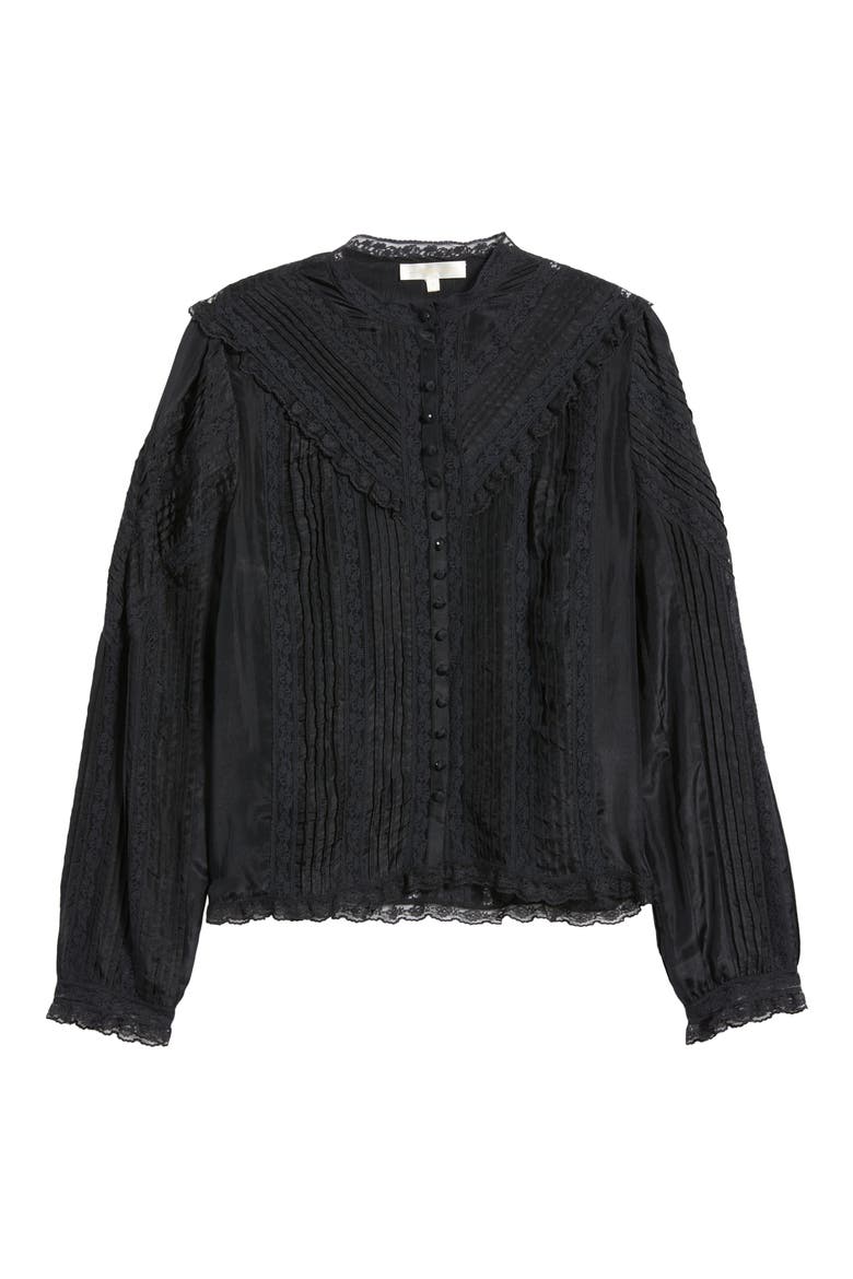 Aralina Lace & Ruffle Silk Shirt, Alternate, color, BLACK