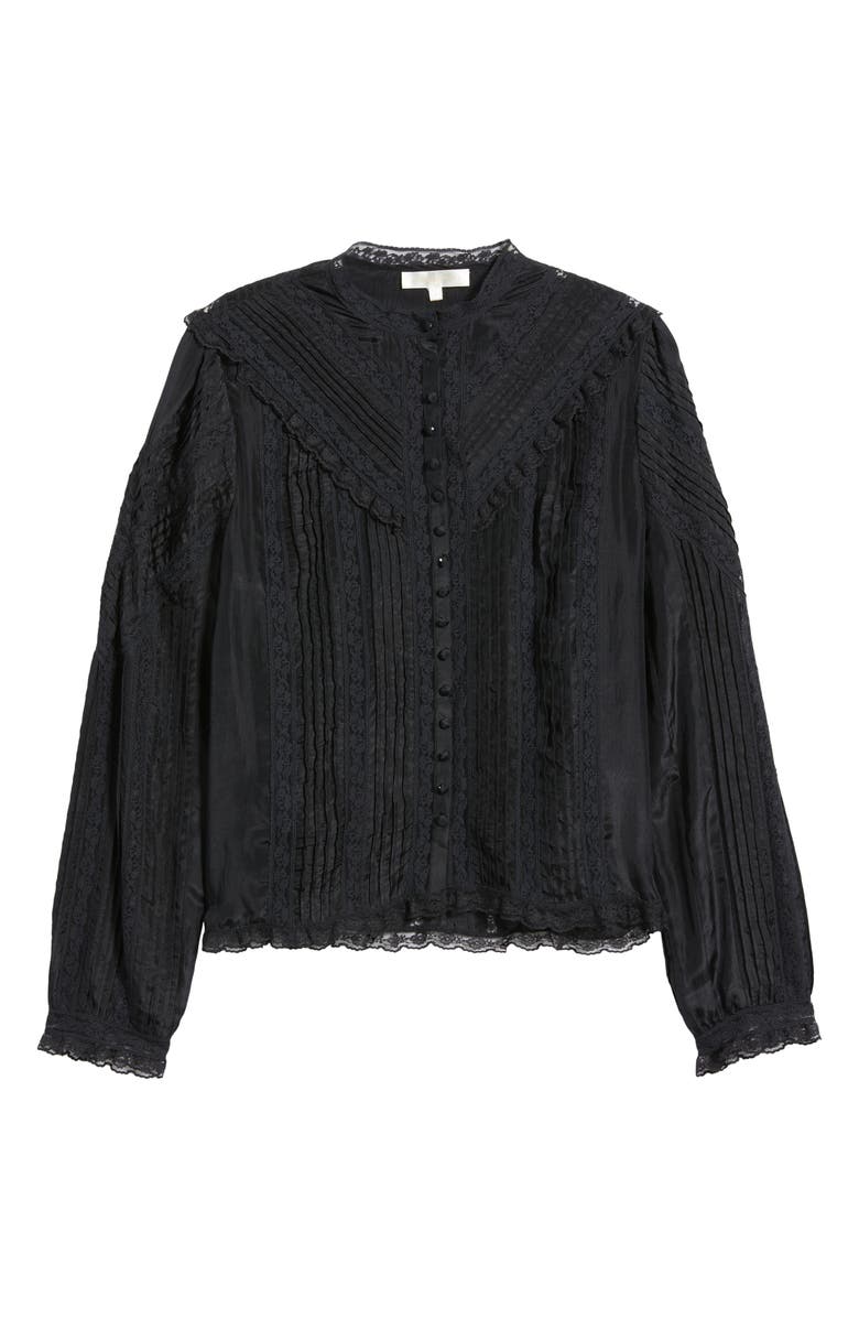 LoveShackFancy Aralina Lace & Ruffle Silk Shirt, Alternate, color, Black