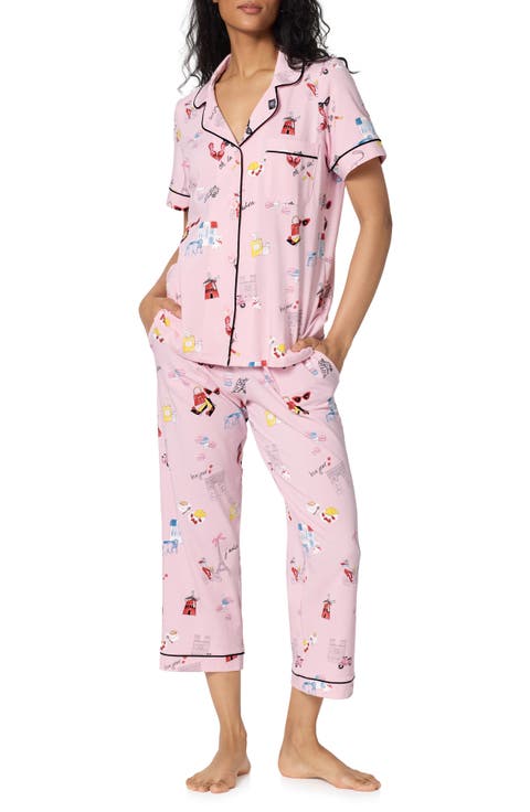 Print Stretch Cotton Jersey Crop Pajamas (Regular & Plus)