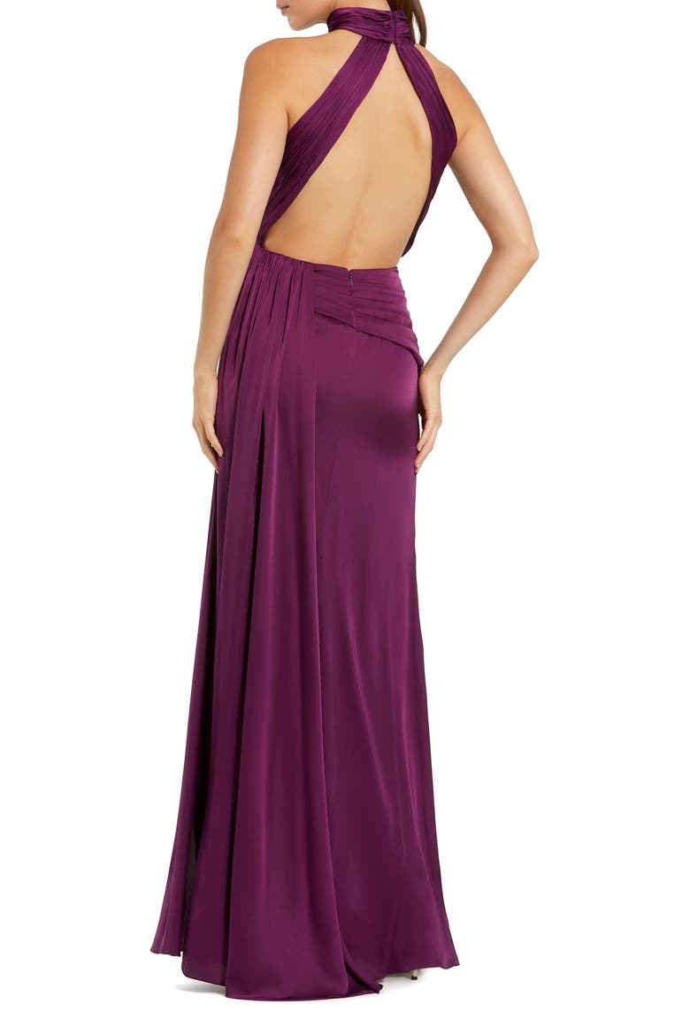 Petite Open Back High Neck Side Ruched Gown, Alternate, color, Plum