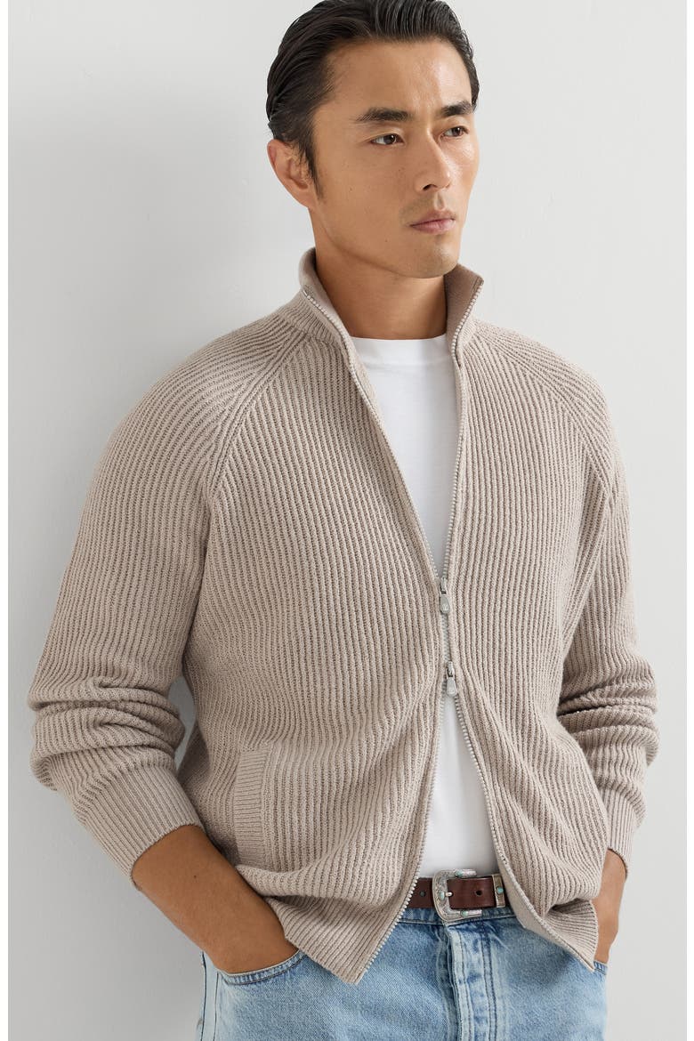 Malfilé cotton English rib cardigan with raglan sleeves and zipper, Alternate, color, Yuta