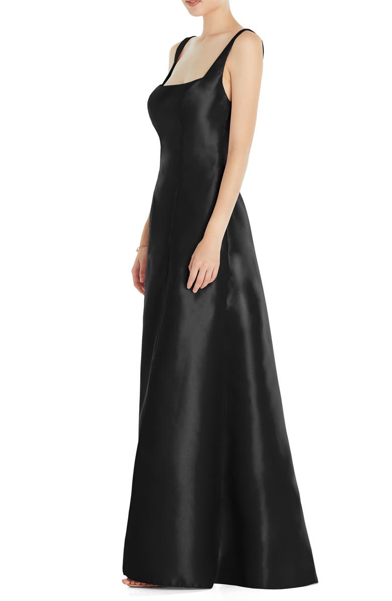 Alfred Sung Square Neck Satin A-Line Gown, Alternate, color, Black