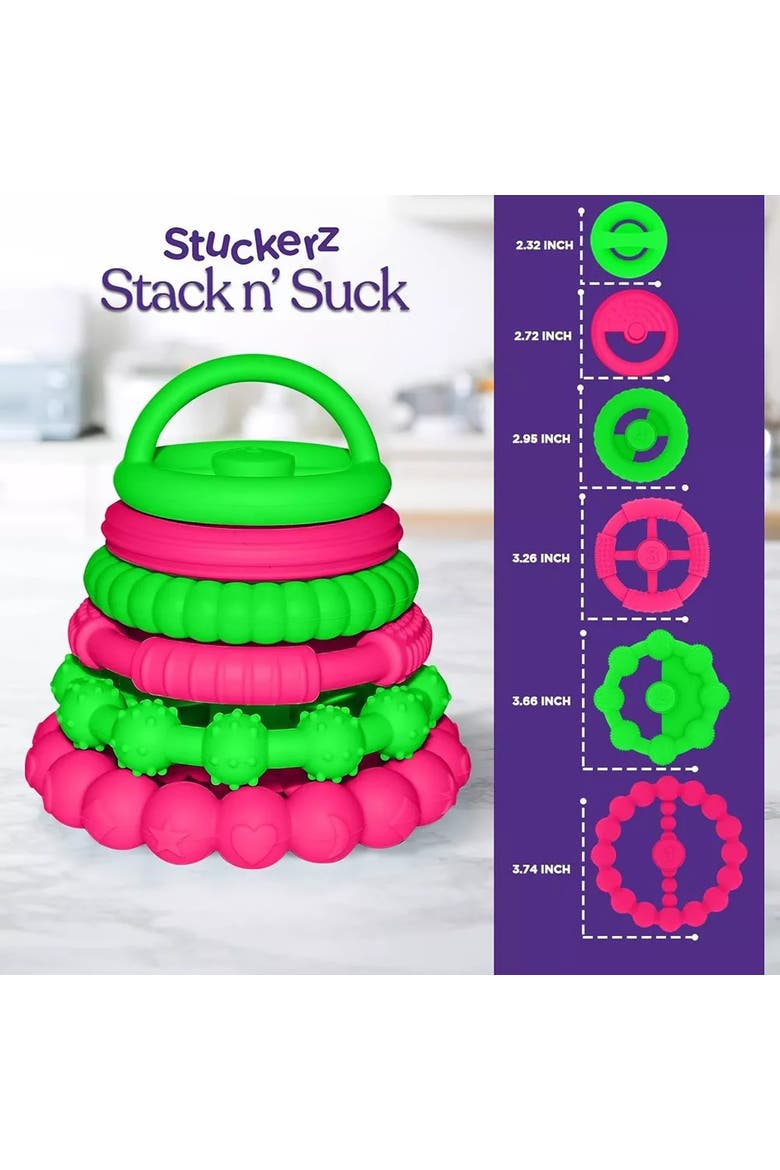 Silicone Stacking Toy Teethers Interactive 6 Piece Set, Alternate, color, Green & Pink