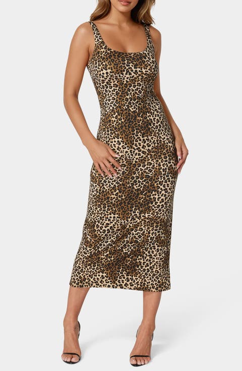 Square Neck Animal Print Midi Dress