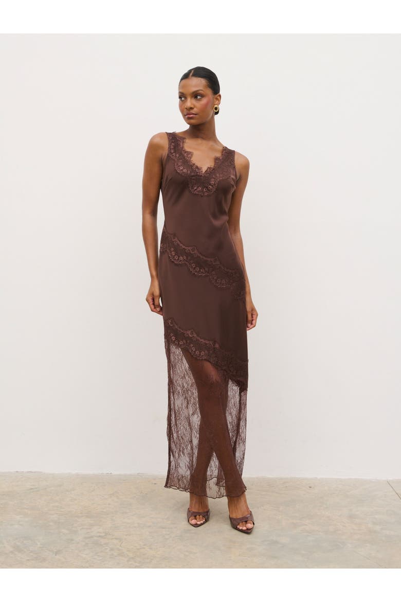 Curve Robin Slip Lace Maxi Dress, Alternate, color, Chocolate