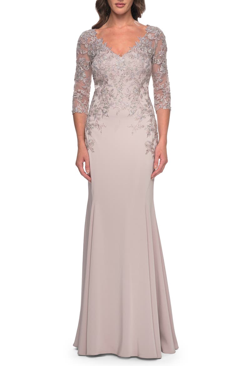 Fitted Long Satin Dress with Lace Bodice and Sleeves, Main, color, Champagne