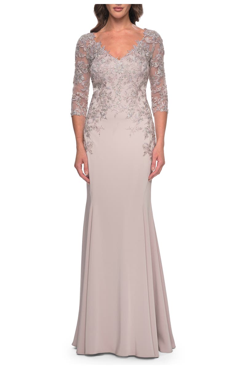 La Femme Fitted Long Satin Dress with Lace Bodice and Sleeves, Main, color, Champagne