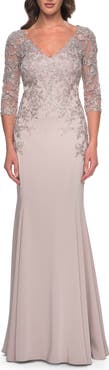 La Femme Fitted Long Satin Dress with Lace Bodice and Sleeves