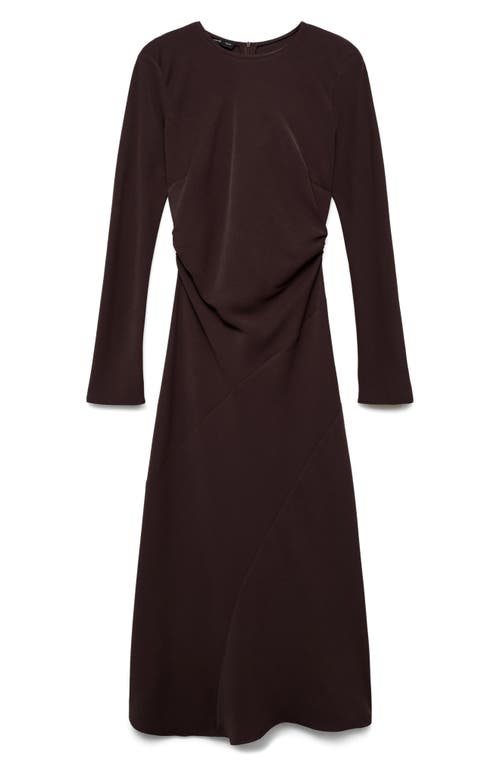 Mango Draped Waist Long Sleeve Midi Dress In Brown