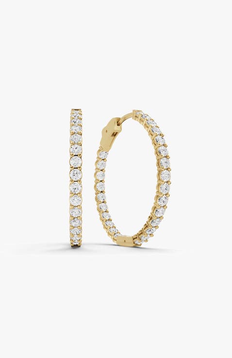 14K Gold 7 ct Earrings Round In & Out Diamond Hoops