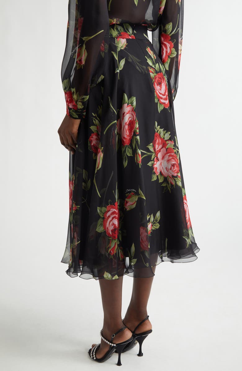 Dolce&Gabbana Rose Bouquet Silk Chiffon A-Line Midi Skirt, Alternate, color, Bouquet Rose F.nero