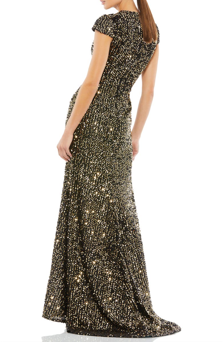 Mac Duggal Sequined Cap Sleeve High Neck Gown, Alternate, color, Black Gold