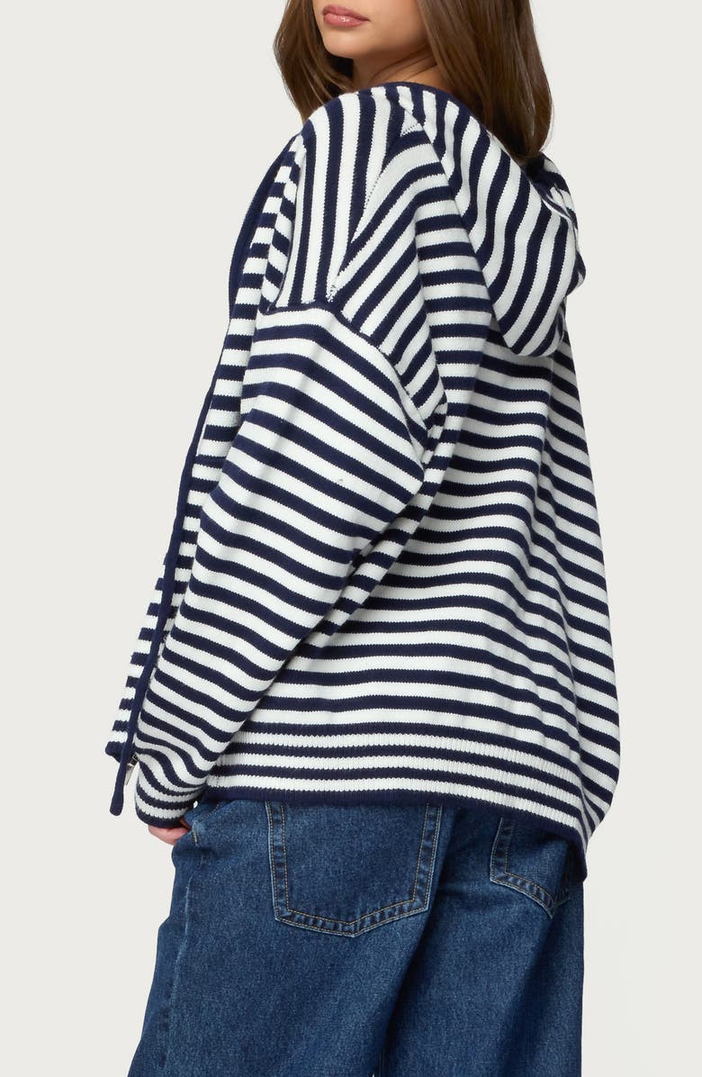 EDIKTED Safari Stripe Knit Zip Front Hoodie, Alternate, color, Navy-And-White