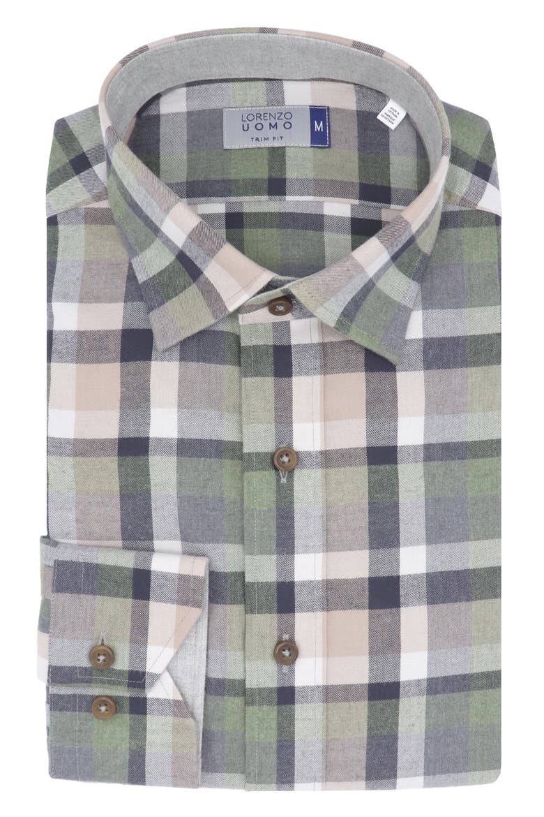 Check Print Trim Fit Long Sleeve Cotton Flannel Button-Up Shirt, Alternate, color, TAN/ HUNTER