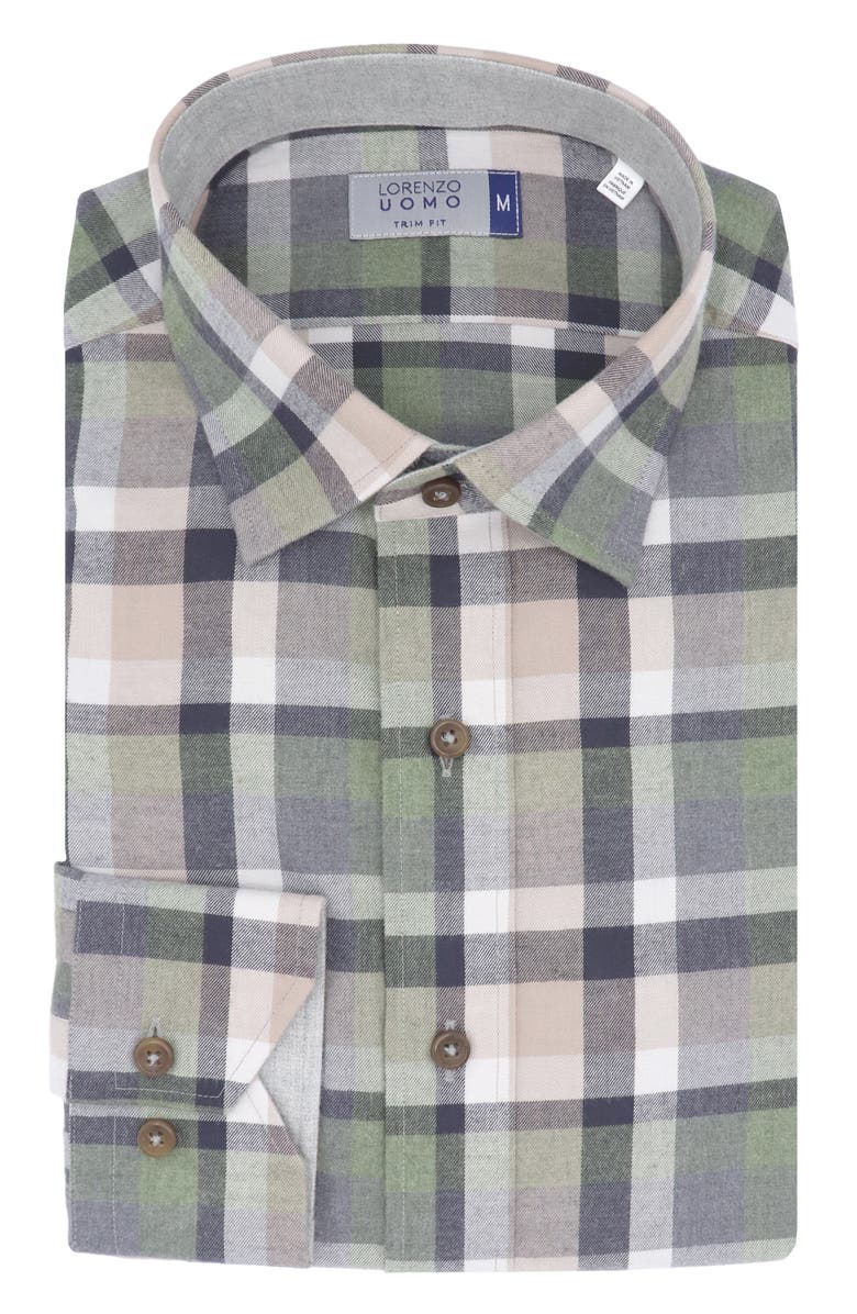 Lorenzo Uomo Check Print Trim Fit Long Sleeve Cotton Flannel Button-Up Shirt, Alternate, color, Tan/ Hunter